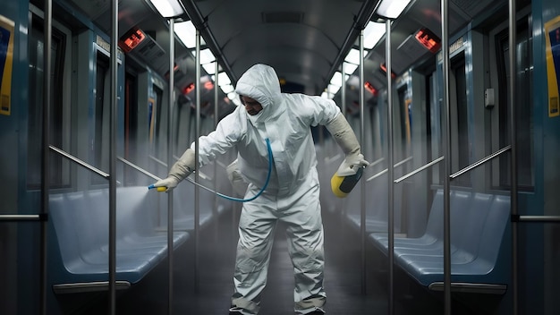 Мужчина в белом защитном костюме дезинфицирует и санитизирует интерьер поезда метро, чтобы остановить распространение вируса.