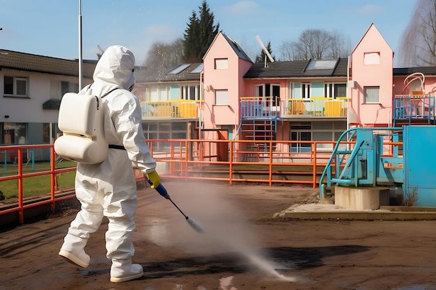 A man in a white protective suit and mask treats a childrens playground with a disinfectant