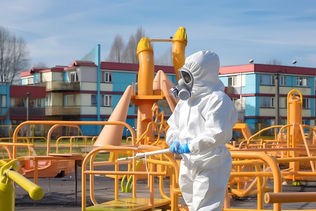 白い保護スーツとマスクを着た男性が子供の遊び場を消毒剤で処理しています