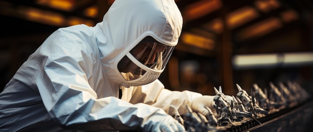 Man in white protective suit works with metal parts