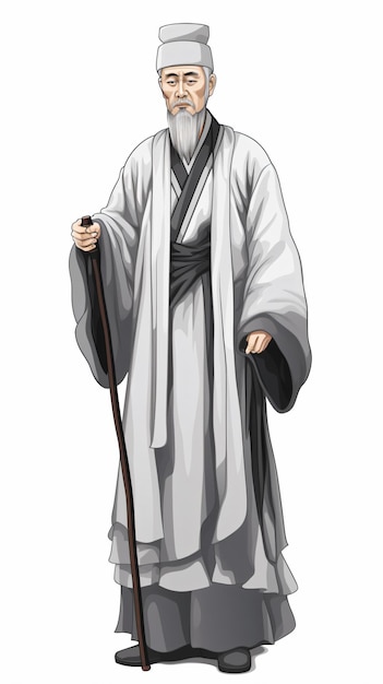 a man in a white robe and a cane