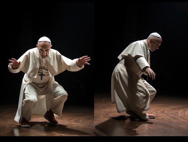 a man in a white robe is dancing on a stage