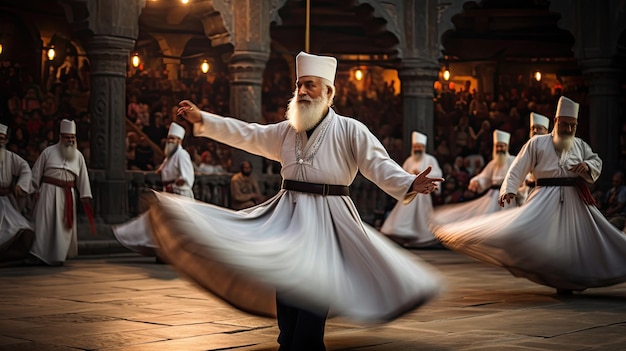 a man in a white robe is dancing with other dancers in the background.