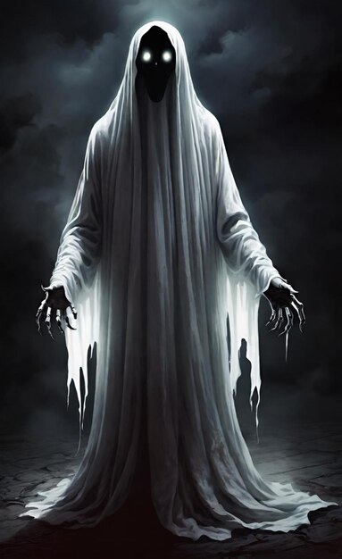 a man in a white robe is shown in a dark room