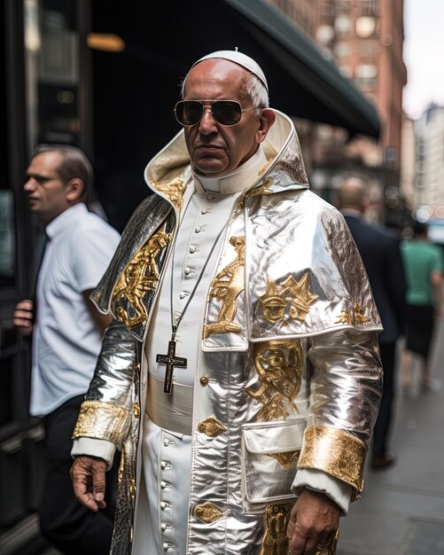 a man in a white robe is walking down the street