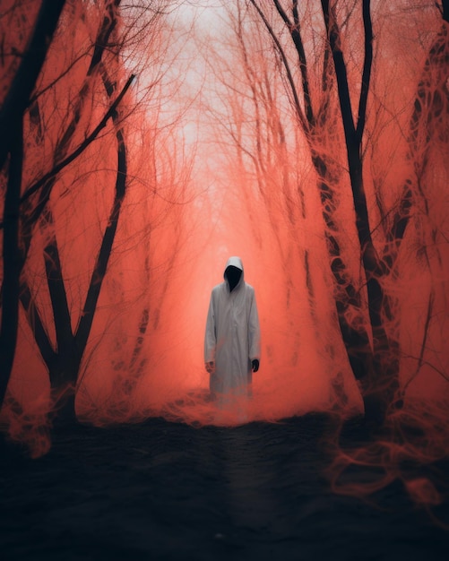 a man in a white robe standing in the middle of a forest