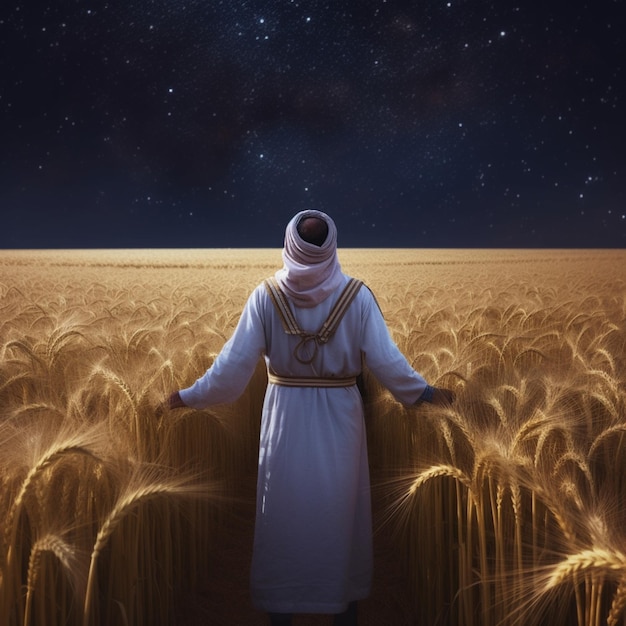 A man in a white robe stands in a field of wheat with his arms outstretched.