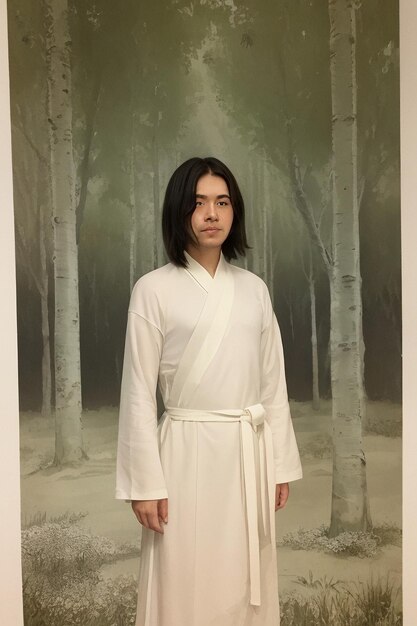 A man in a white robe stands in front of a forest.