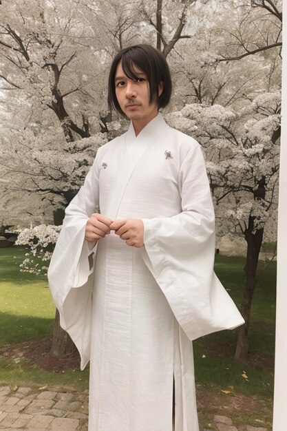 Foto un uomo con una veste bianca si trova davanti a un albero con fiori bianchi.