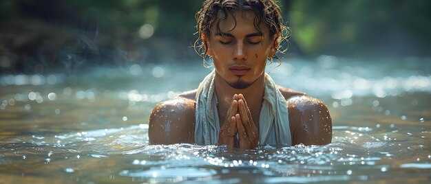 A man in a white robe stands in a river praying with eyes closed and hands clasped after baptism Concept Religious Ceremony Spiritual Moment Water Reflections Faith and Devotion Baptism Ritual