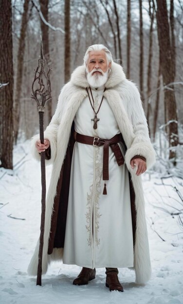 Foto un uomo in abito bianco con una spada nella neve