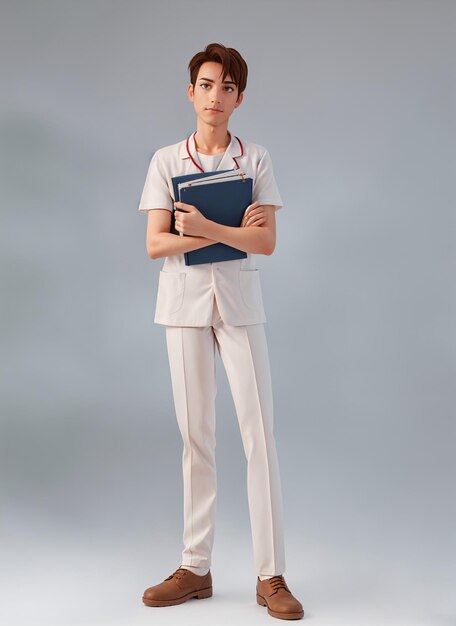 a man in a white shirt and beige pants stands with his arms crossed and a book is in