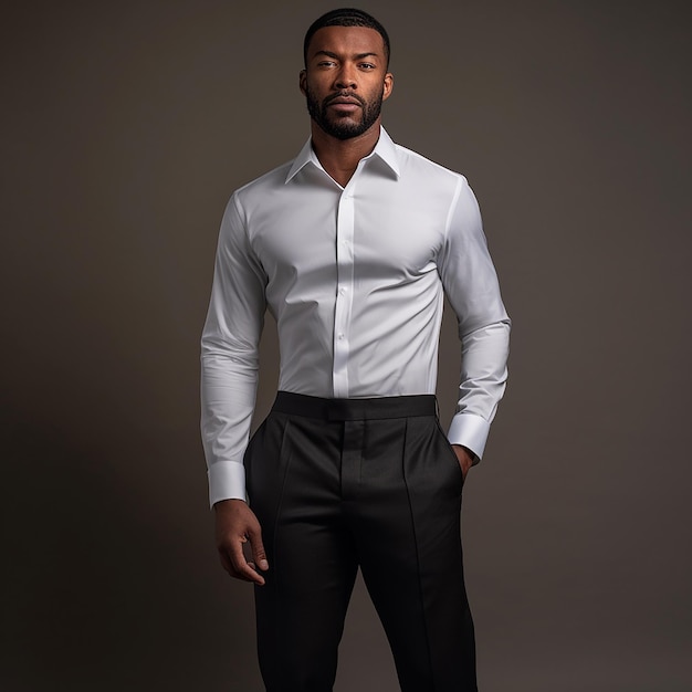 a man in a white shirt and black pants stands in front of a gray background.