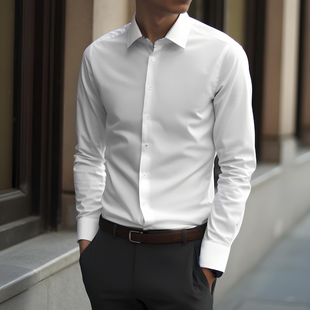 Photo a man in a white shirt and black pants stands in front of a window.