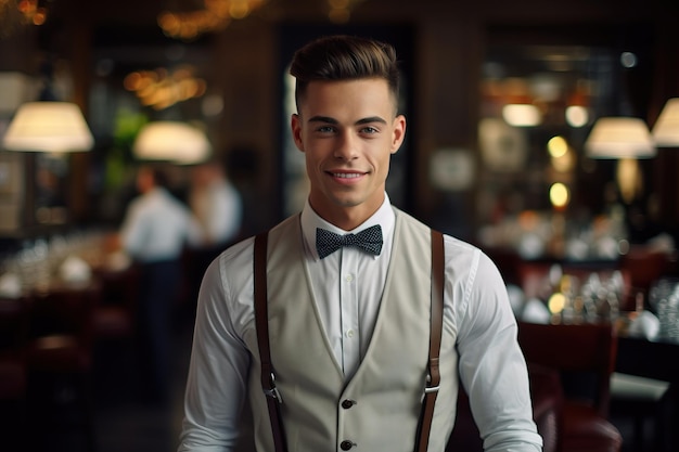 A man in a white shirt and black suspenders stands in a restaurant.