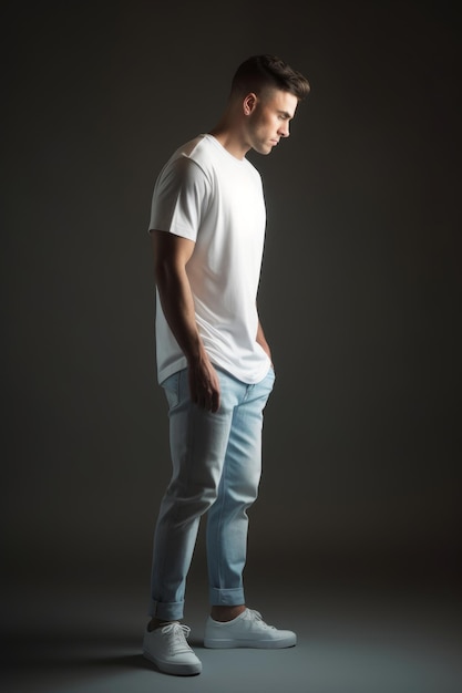 A man in a white shirt and blue jeans stands in a dark room.