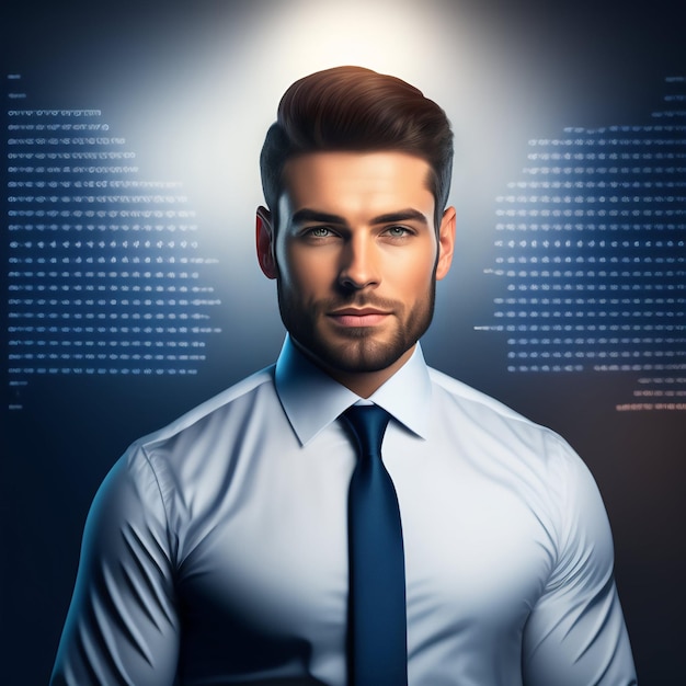 A man in a white shirt and a blue tie is standing in front of a map of the world.