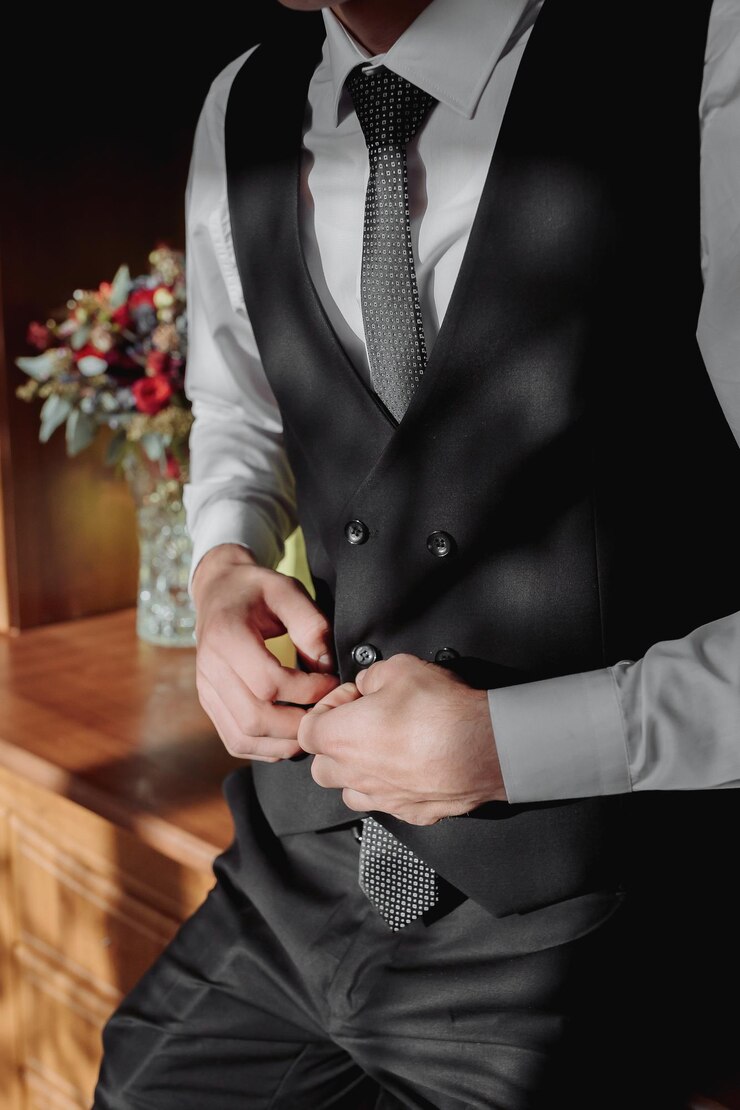 Photo a man in a white shirt and a gray vest is posing by the window and looking at the camera holding his jacket front view a stylish watch mens style fashion business