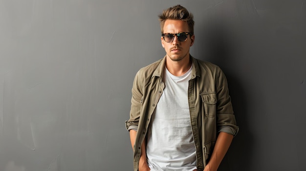 A man in a white shirt and green jacket poses against a gray background He is wearing sunglasses and has his hands in his pockets