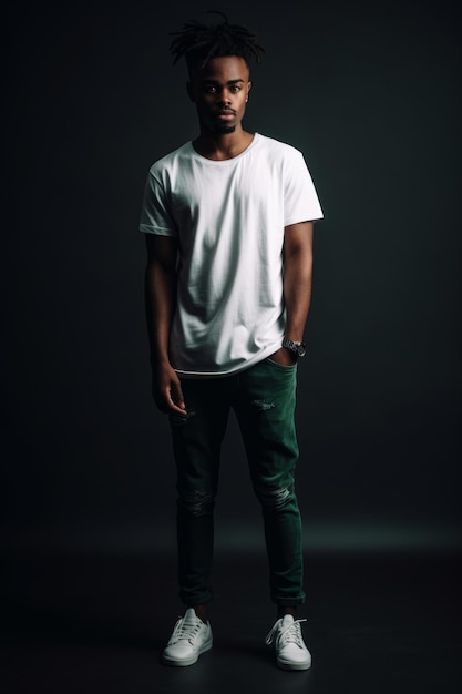 A man in a white shirt and green jeans stands in a dark room.