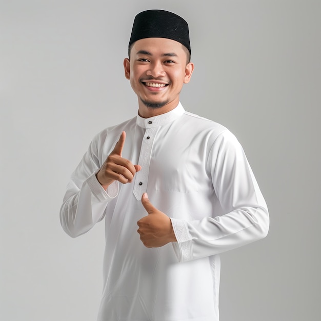 Photo a man in a white shirt he is giving a thumbs up