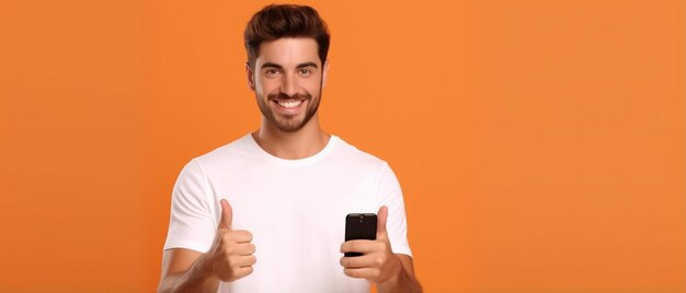 A man in a white shirt holding a cell phone