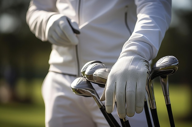 a man in a white shirt holding golf clubs at sunset on the background blur and bokeh