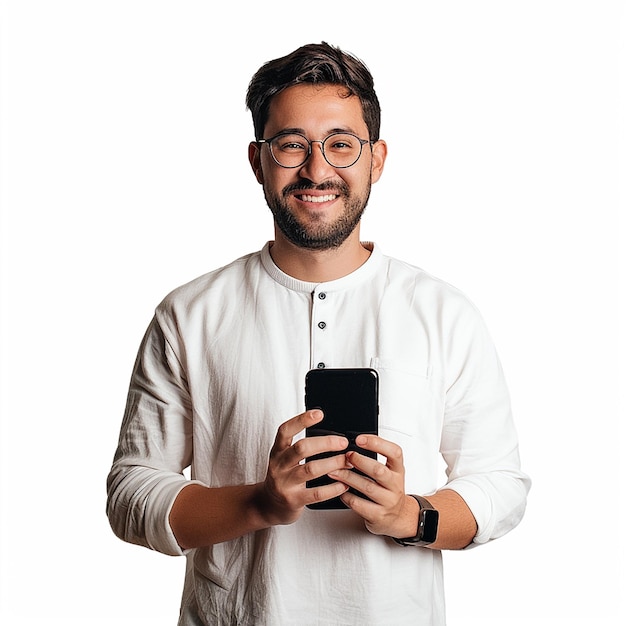 a man in a white shirt is holding a phone