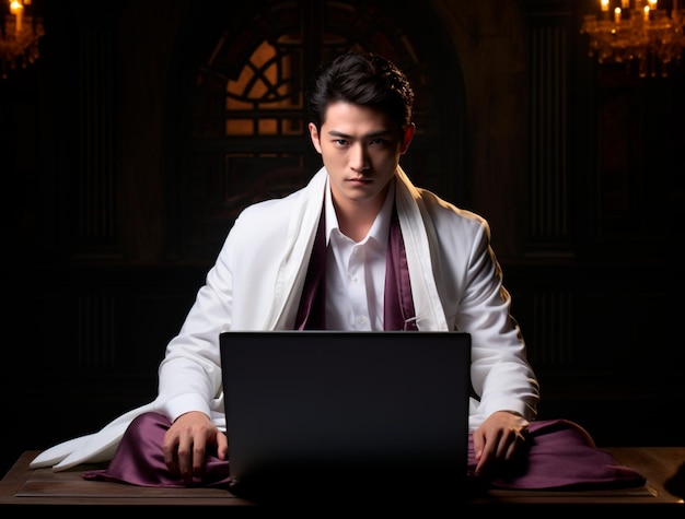 a man in a white shirt is sitting using a laptop