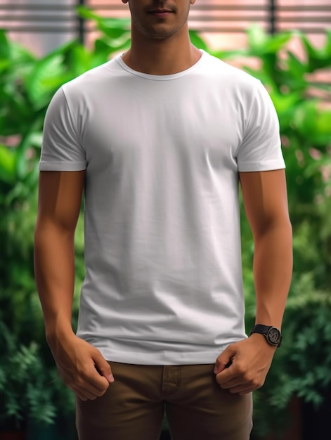 흰 셔츠를 입은 남자가 녹색 배경 앞에 서 있다.