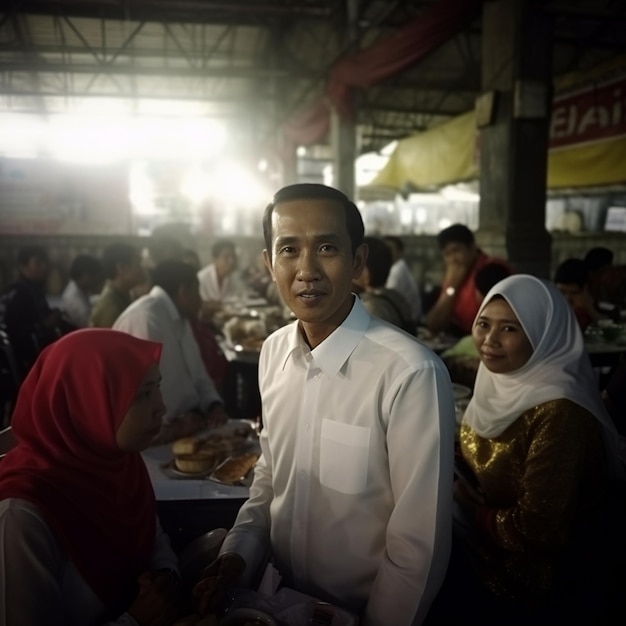 Photo a man in a white shirt is standing in front of a sign that says 