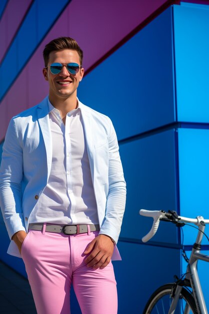 Man in white shirt and pink pants standing next to bike