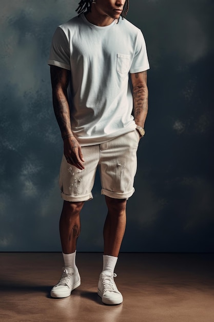 Photo a man in a white shirt and shorts stands in front of a dark wall.