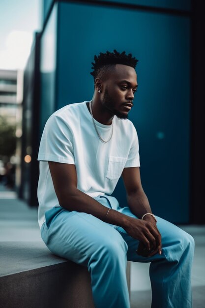 A man in a white shirt sits on a bench in front of a blue wall.