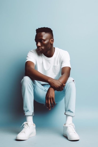 A man in a white shirt sits on a blue wall