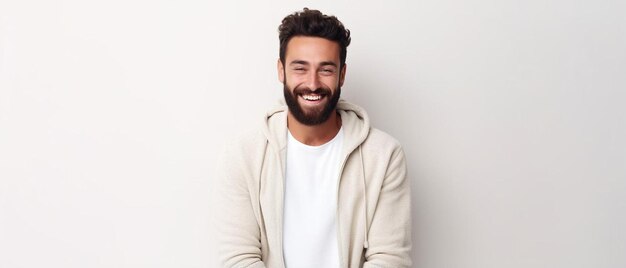 a man in a white shirt smiles with a beard