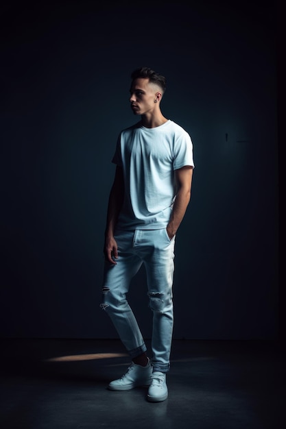 A man in a white shirt stands in a dark room with a light on his shirt and jeans.