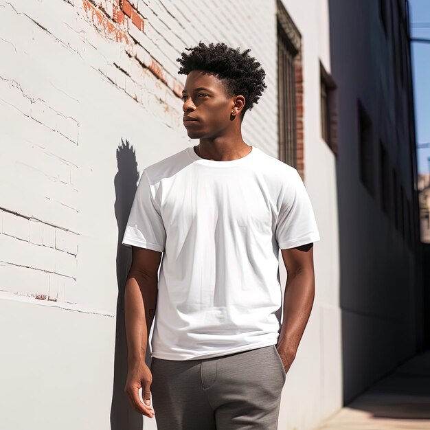 Photo a man in a white shirt stands in front of a brick wall