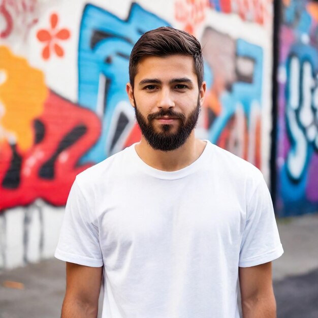 a man in a white shirt stands in front of a graffiti wall