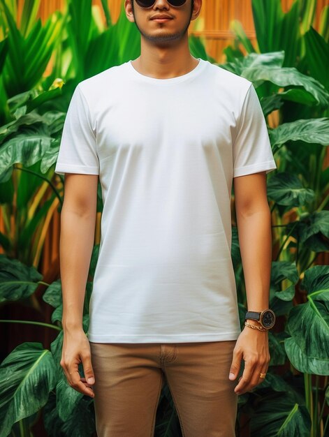 a man in a white shirt stands in front of a green plant.