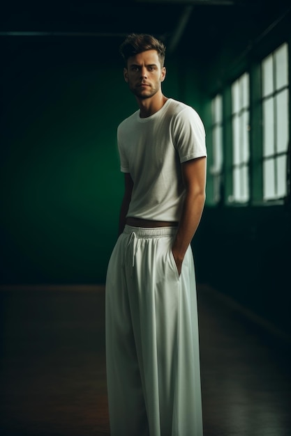 A man in a white shirt stands in front of a green wall.