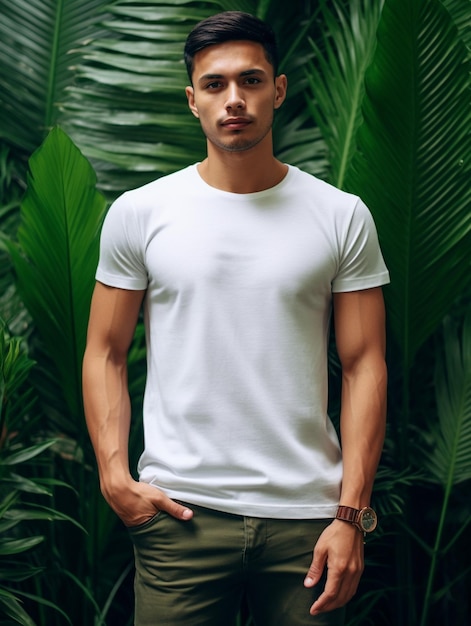 a man in a white shirt stands in front of a leafy plant.