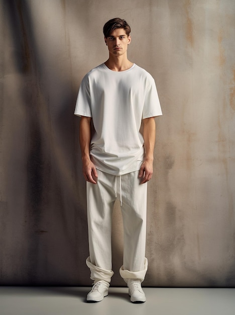 A man in a white shirt stands in front of a wall.