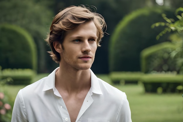 A man in a white shirt stands in a garden.