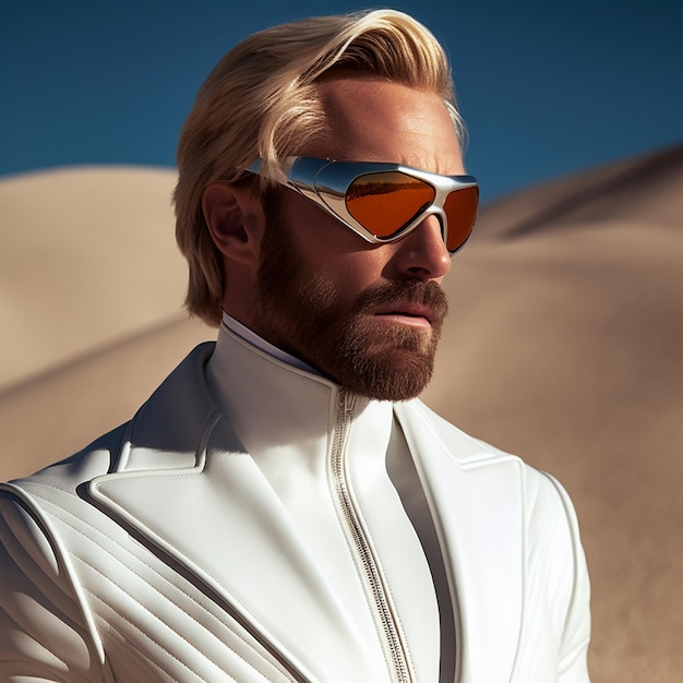 a man in a white shirt and sunglasses poses in front of a desert.