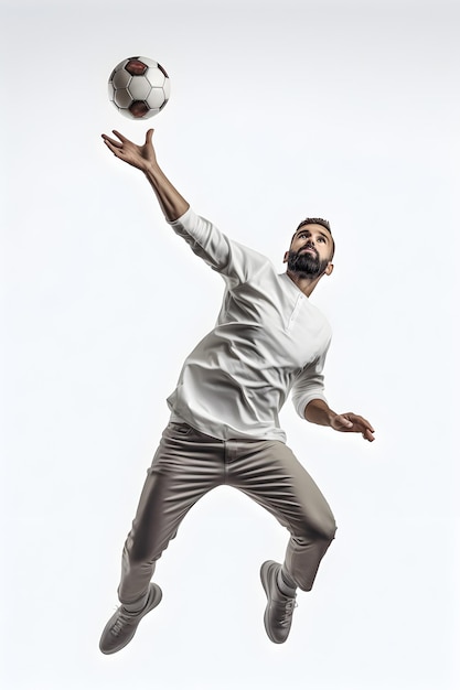 A man in a white shirt with his arms outstretched and a ball in the air.