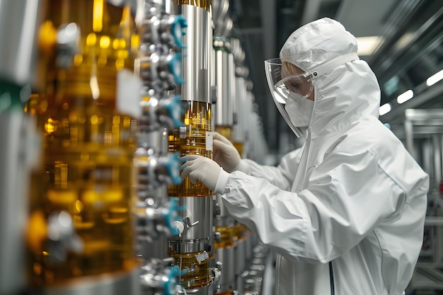 Man in White Suit and Goggles Working on Machine