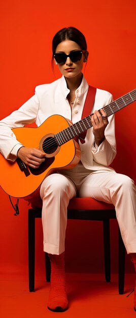 a man in a white suit is playing a guitar