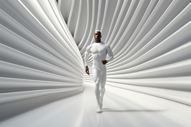 A man in a white suit is standing in a white room Generative AI