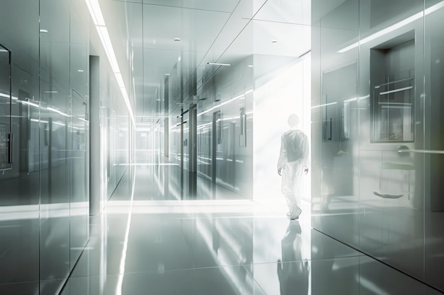 Man in white suit in modern hospital corridor